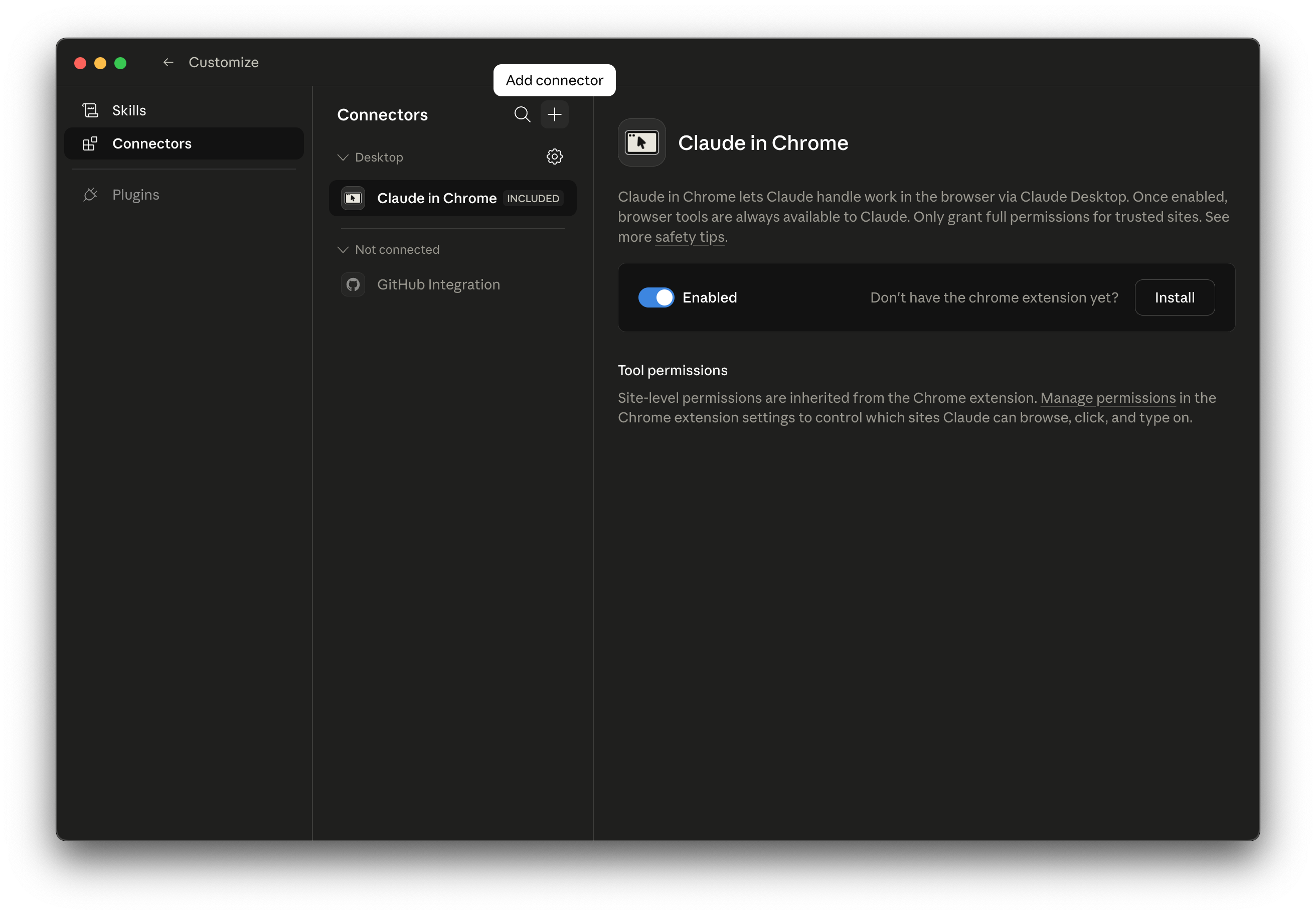 Customize → Connectors with Add connector button